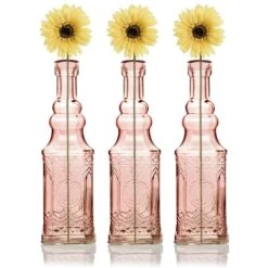 3 Pack | 6.5" Ella Pink Vintage Glass Bottle With Cork - DIY Wedding Flower Bud Vases