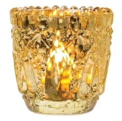 Faceted Vintage Mercury Glass Candle Holder (2.75-Inch, Lillian Design, Gold) - For Use With Tea Lights - For Home Decor, Parties And Wedding Decorations