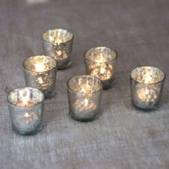 6 Pack | Vintage Mercury Glass Candle Holders (2.5-Inch, Lila Design, Liquid Motif, Silver) - For Use With Tea Lights - For Parties, Weddings And Homes