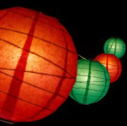 12" Christmas Holiday Red And Green Paper Lantern LED String Light COMBO Kit (21 FT, EXPANDABLE, White Cord)