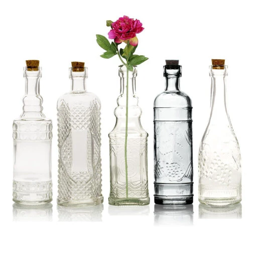 Bohemian Chic Clear Vintage Glass Bottles Set - (5 Pack, Assorted Designs) -Lights Decor Shop Clearset