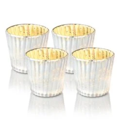 4 Pack | Vintage Mercury Glass Candle Holders (3-Inch, Caroline Design, Vertical Motif, Pearl White) - For Use With Tea Lights - Home Decor, Parties And Wedding Decorations