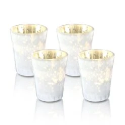 4 Pack | Vintage Mercury Glass Candle Holders (3.25-Inch, Katelyn Design, Column Motif, Pearl White) - For Use With Tea Lights - For Home Decor, Parties And Wedding Decorations