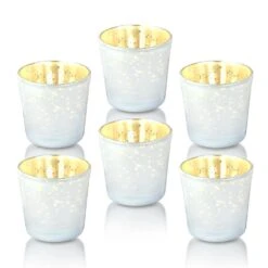 6 Pack | Vintage Mercury Glass Candle Holders (2.5-Inch, Lila Design, Liquid Motif, Pearl White) - For Use With Tea Lights - For Parties, Weddings And Homes