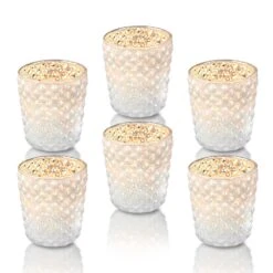 6 Pack | Vintage Mercury Glass Tealight Candle Holders (2.5-Inch, Zariah Design, Pearl White) - For Use With Tea Lights - For Home Decor, Parties And Wedding Decorations