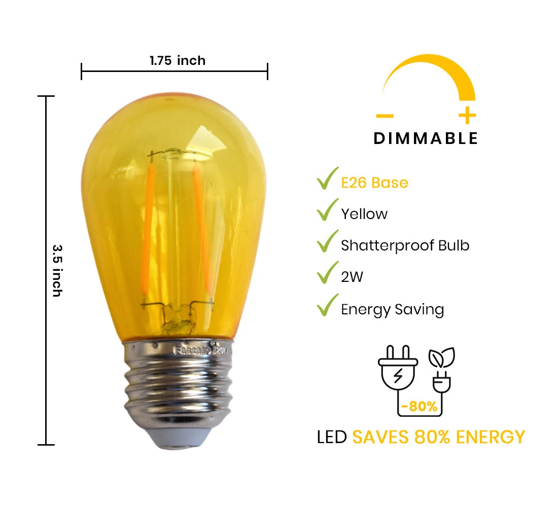 10-PACK Yellow LED Filament S14 Shatterproof Energy Saving Color Light Bulb, Dimmable, 2W,E26 Medium Base 6 10-PACK Yellow LED Filament S14 Shatterproof Energy Saving Color Light Bulb, Dimmable, 2W,E26 Medium Base - Image 4