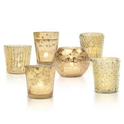 Best Of Show Vintage Mercury Glass Votive Tea Light Candle Holders - Gold (6 PACK, Assorted Designs)