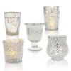 Bohemian Chic Silver Mercury Glass Tea Light Votive Candle Holders (Set Of 5, Assorted Designs And Sizes) 2 Bohemian Chic Silver Mercury Glass Tea Light Votive Candle Holders (Set Of 5, Assorted Designs And Sizes) -Lights Decor Shop GS12 SilverSet