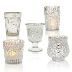 Bohemian Chic Silver Mercury Glass Tea Light Votive Candle Holders (Set Of 5, Assorted Designs And Sizes)