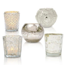 Shabby Chic Silver Mercury Glass Tea Light Votive Candle Holders (Set Of 5, Assorted Designs And Sizes)