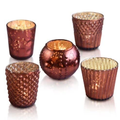 Vintage Elegance Rustic Copper Red Mercury Glass Tea Light Votive Candle Holders (Set Of 5, Assorted Designs And Sizes)