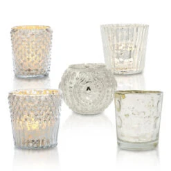 Vintage Elegance Silver Mercury Glass Tea Light Votive Candle Holders (Set Of 5, Assorted Designs And Sizes)