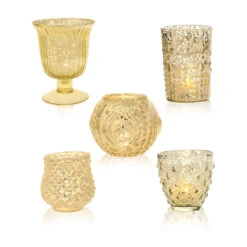 Art Deco Gold Mercury Glass Tea Light Votive Candle Holders (Set Of 5, Assorted Designs And Sizes)
