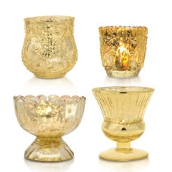 Elevation Gold Mercury Glass Tea Light Votive Candle Holders (Set Of 4, Assorted Designs And Sizes)