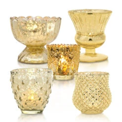 Timeless Gold Mercury Glass Tea Light Votive Candle Holders (Set Of 5, Assorted Designs And Sizes)