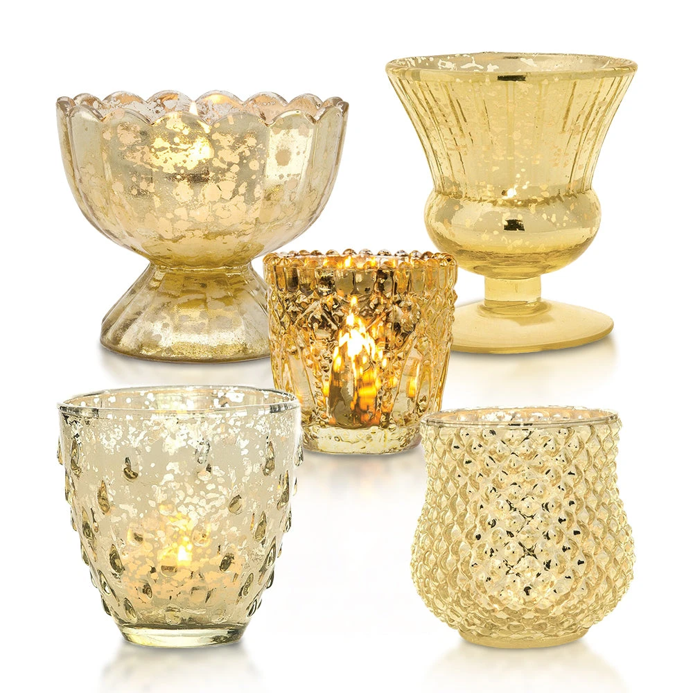 Timeless Gold Mercury Glass Tea Light Votive Candle Holders (Set Of 5, Assorted Designs And Sizes) 3 Timeless Gold Mercury Glass Tea Light Votive Candle Holders (Set Of 5, Assorted Designs And Sizes)
