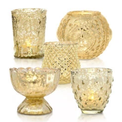 Allure Gold Mercury Glass Tea Light Votive Candle Holders (Set Of 5, Assorted Designs And Sizes)