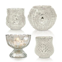 Elegance Silver Mercury Glass Tea Light Votive Candle Holders (Set Of 4, Assorted Designs And Sizes)