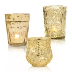 Glory Gold Mercury Glass Tea Light Votive Candle Holders (Set Of 3, Assorted Designs And Sizes)