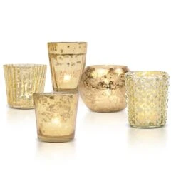 Vintage Mercury Glass Votive Tea Light Candle Holders - Gold (5 PACK, Assorted Designs)