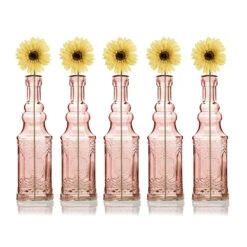 5 Pack - 6.5" Ella Pink Vintage Glass Bottle With Cork - DIY Wedding Flower Bud Vases