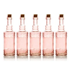5 Pack - 6.6" Calista Pink Vintage Glass Bottle With Cork - DIY Wedding Flower Bud Vases