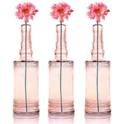 3 Pack | 8.86" Camila Pink Vintage Glass Bottle With Cork - DIY Wedding Flower Bud Vases