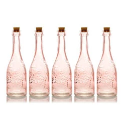 5 Pack - 6.6" Stella Pink Vintage Glass Bottle With Cork - DIY Wedding Flower Bud Vases