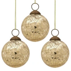 3-PACK | 3" Gold Lana Mercury Crackle Ball Glass Ornament Christmas Tree Decoration
