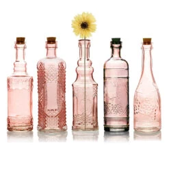 Bohemian Chic Pink Vintage Glass Bottles Set - (5 Pack, Assorted Designs)