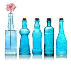 Royal Flush Turquoise Blue Vintage Glass Bottles Set - (5 Pack, Assorted Designs)