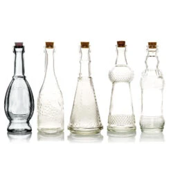 Shabby Chic Clear Vintage Glass Bottles Set - (5 Pack, Assorted Designs)