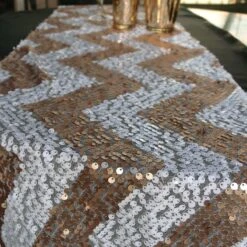 BLOWOUT Chevron Sequin Table Runner - Champagne & White (12 X 108)