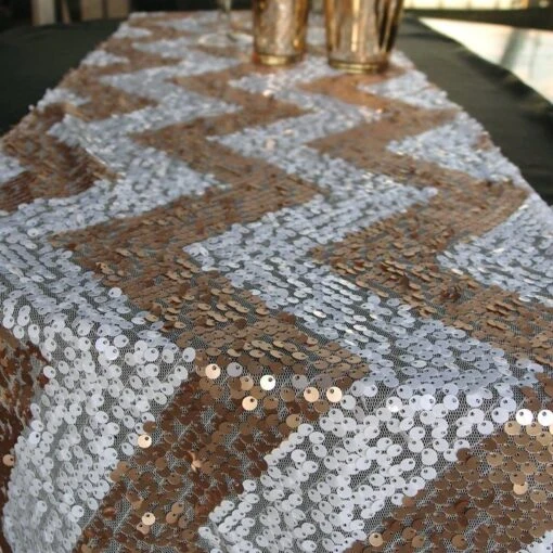 BLOWOUT Chevron Sequin Table Runner - Champagne & White (12 X 108) -Lights Decor Shop TBLRNSCV WHGD chevron sequin table runner square 26963313 9e63 4a5b a43a 088edb5cf831