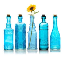 Bohemian Chic Turquoise Blue Vintage Glass Bottles Set - (5 Pack, Assorted Designs)