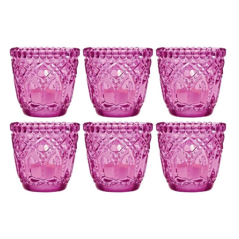 6 Pack | Faceted Vintage Glass Candle Holders (2.75-Inch, Lillian Design, Fuchsia / Hot Pink) - Use With Tea Lights - For Home Decor, Parties And Wedding Decorations 3 6 Pack | Faceted Vintage Glass Candle Holders (2.75-Inch, Lillian Design, Fuchsia / Hot Pink) - Use With Tea Lights - For Home Decor, Parties And Wedding Decorations