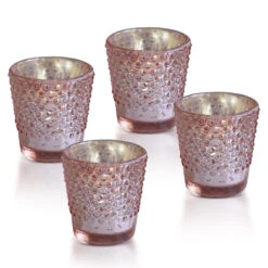 4-PACK | Hobnail Design Mercury Glass Candle Holder (2.25-Inch, Candace Design, Rose Gold Pink) - For Use With Tea Lights - For Home Decor, Parties And Wedding Decorations