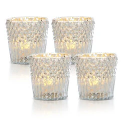 4-PACK | Vintage Mercury Glass Candle Holder (3-Inch, Ophelia Design, Silver) - For Use With Tea Lights - For Home Decor, Parties And Wedding Decorations