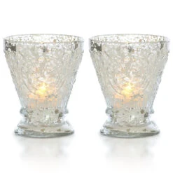 2-PACK | Vintage Mercury Glass Candle Holder (4-Inch, Rosemary Design, Silver) - For Use With Tea Lights - For Home Decor, Parties, And Wedding Decorations
