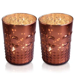 2-PACK | Fleur Mercury Glass Tealight Holder (Rustic Copper Red) For Use With Tea Lights - For Home Decor, Parties And Wedding Decorations - Mercury Glass Votive Holders