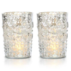 2-PACK | Vintage Mercury Glass Candle Holder (4-Inch, Fleur Design, Flower Motif, Silver) - For Home Decor, Party Decorations, And Wedding Centerpieces