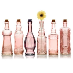 Vintage Glam Pink Vintage Glass Bottles Set - (6 Pack, Assorted Designs)