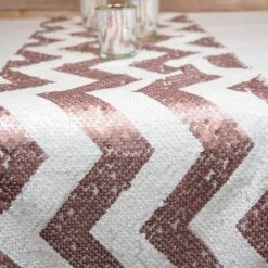 BLOWOUT Chevron Sequin Table Runner - Copper Pink & White (12 X 108)