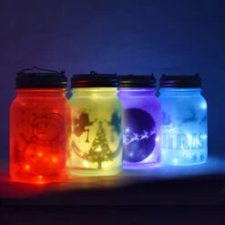 Decorative Christmas Holiday Frosted Mason Jar Luminaries Lantern Set (Battery Operated, 4 PACK) - COMPLETE KIT