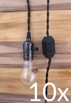BLOWOUT BULK PACK (10) Single Pearl Black Socket Pendant Light Lamp Cord Kits W/ Dimmer Switch (11FT, Brown Cloth)