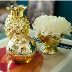 6 Pack | Vintage Mercury Glass Chalice Candle Holders (3-Inch, Suzanne Design, Sundae Cup Motif, Gold) - For Use With Tea Lights -Lights Decor Shop gold mercury glass candle holder vase 300x300 1