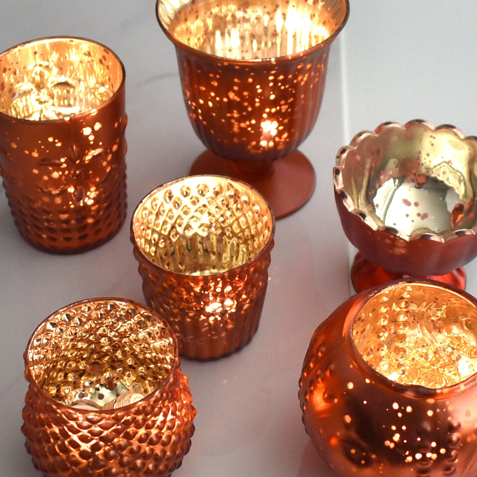 Vintage Glam Rustic Copper Red Mercury Glass Tea Light Votive Candle Holders (6 PACK, Assorted Designs And Sizes) 4 Vintage Glam Rustic Copper Red Mercury Glass Tea Light Votive Candle Holders (6 PACK, Assorted Designs And Sizes) - Image 2