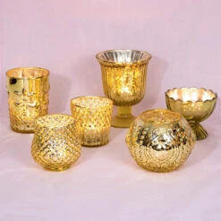 Vintage Glam Gold Mercury Glass Tea Light Votive Candle Holders (6 PACK, Assorted Designs And Sizes) 7 Vintage Glam Gold Mercury Glass Tea Light Votive Candle Holders (6 PACK, Assorted Designs And Sizes) -Lights Decor Shop gs02gd mercury glass glam set candle holder image 1
