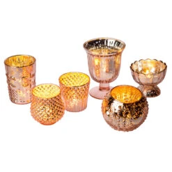 Vintage Glam Rose Gold Pink Mercury Glass Tea Light Votive Candle Holders (6 PACK, Assorted Designs And Sizes) 7 Vintage Glam Rose Gold Pink Mercury Glass Tea Light Votive Candle Holders (6 PACK, Assorted Designs And Sizes) -Lights Decor Shop gs02rg mercury glass glam set candle holder image 1