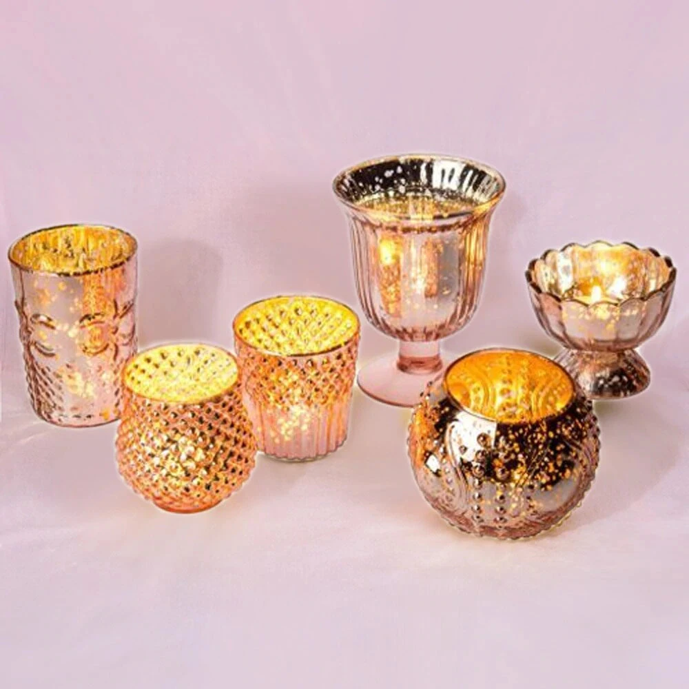Vintage Glam Rose Gold Pink Mercury Glass Tea Light Votive Candle Holders (6 PACK, Assorted Designs And Sizes) 4 Vintage Glam Rose Gold Pink Mercury Glass Tea Light Votive Candle Holders (6 PACK, Assorted Designs And Sizes) - Image 2